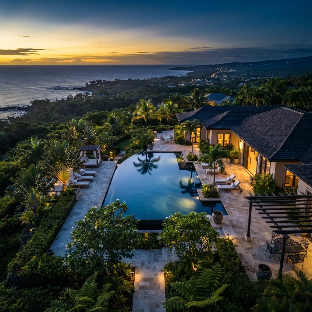 Aerial view of a luxury estate infinity pool